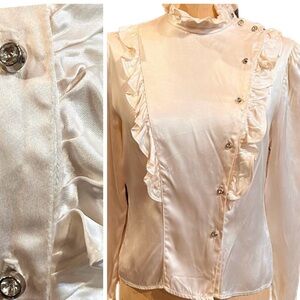 Vintage 80s rhinestone button blouse high ruffle collar statement sleeves‎ satin